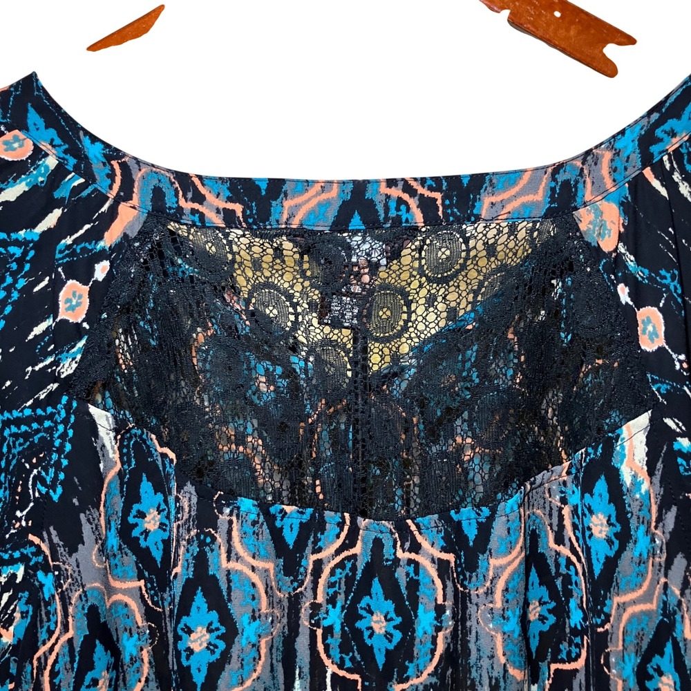 Multiples Peasant Blouse Women 3X Blue Boho Mixed Print Tassel Lace Trim Top - Picture 10 of 12